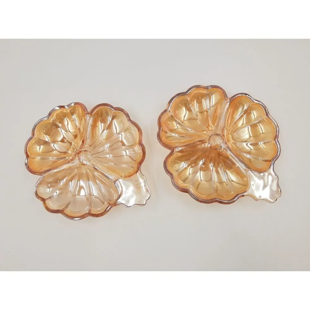 Jeannette Glass Marigold Iridescent Carnival Glass Doric Clover Leaf Candy Dish